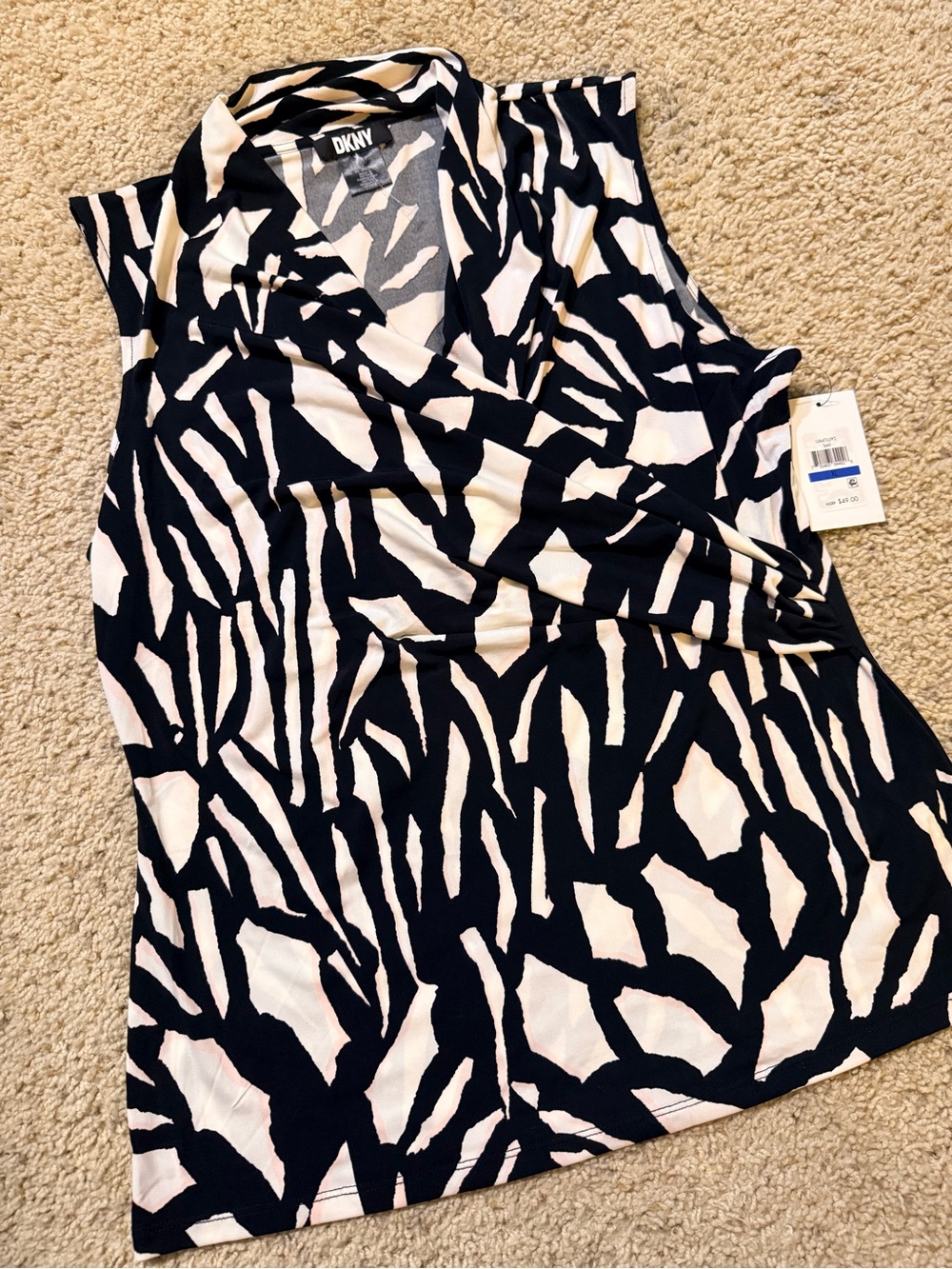 DKNY Women's Black & White Abstract Print Sleeveless Wrap Top XL NWT